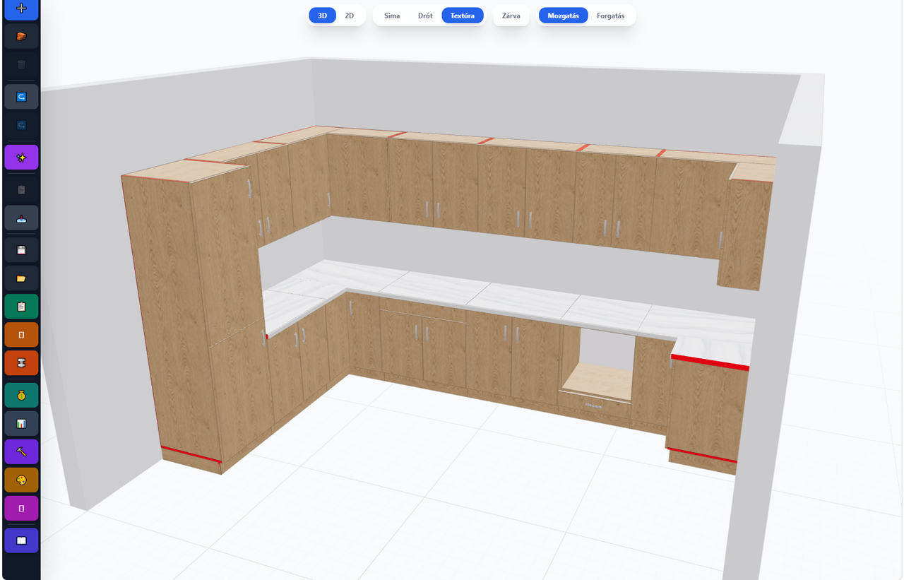 Az ArchiWood 3D Pro tervező felülete egy valós konyhabútor 3D modelljével